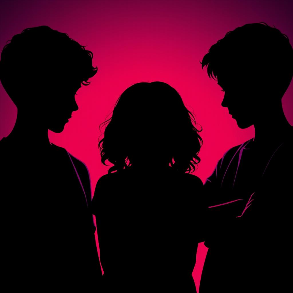 The silhouette of a girl in the center with her head bowed, featuring brown curly hair, positioned between two boys who are staring intently