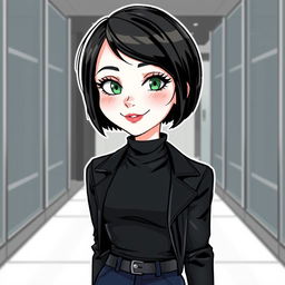 An illustration of a woman with a short bob hairstyle in black, featuring fair white skin, green eyes adorned with long eyelashes, a slightly upturned nose, and rosy lips