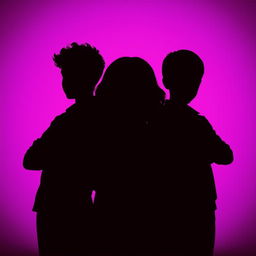 The silhouette of a girl in the center with her head bowed, featuring brown curly hair, positioned between two boys who are staring intently