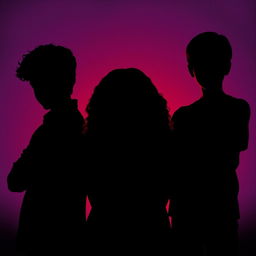 The silhouette of a girl in the center with her head bowed, featuring brown curly hair, positioned between two boys who are staring intently