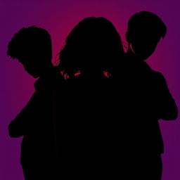 The silhouette of a girl in the center with her head bowed, featuring brown curly hair, positioned between two boys who are staring intently