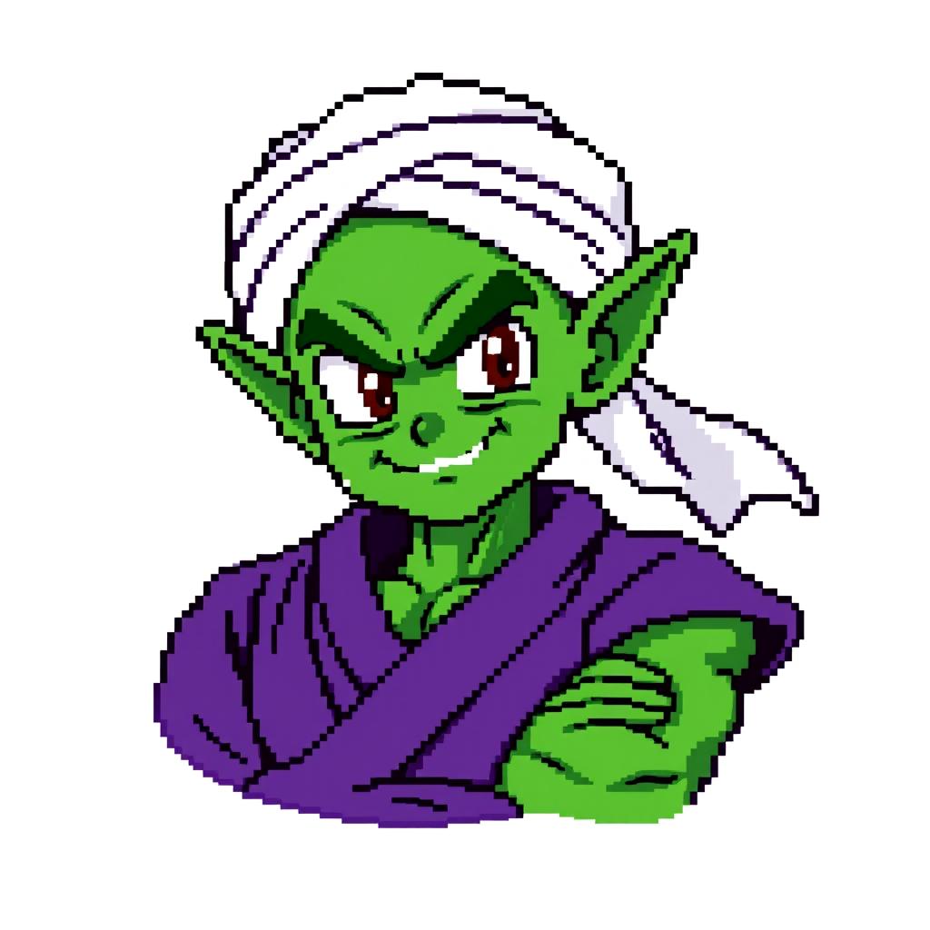 A beautiful 8-bit pixel art rendition of Piccolo from Dragon Ball Z, highlighting his unique features such as his lush green skin and sharp pointed ears