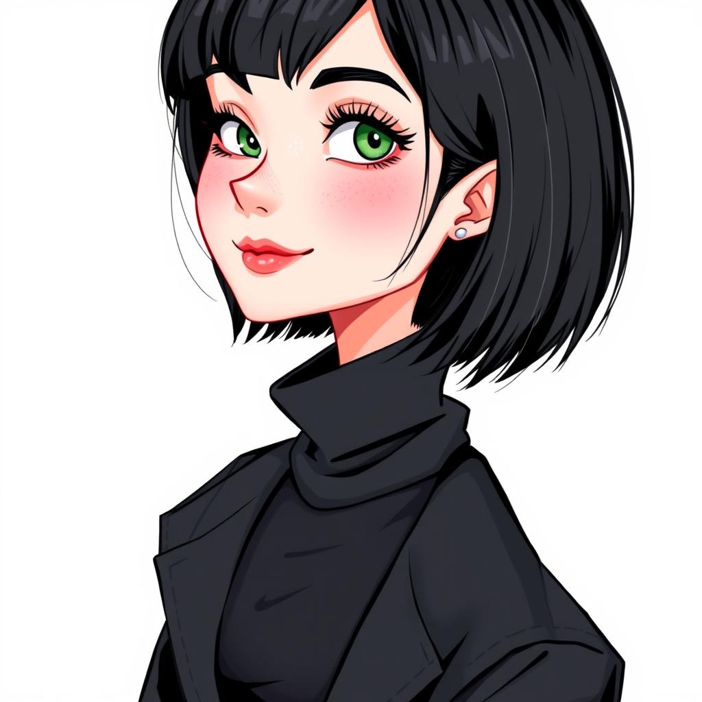 An illustration of a woman with a short bob hairstyle in black, showcasing fair white skin, green eyes with long eyelashes, a slightly upturned nose, and rosy lips