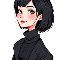 An illustration of a woman with a short bob hairstyle in black, showcasing fair white skin, green eyes with long eyelashes, a slightly upturned nose, and rosy lips