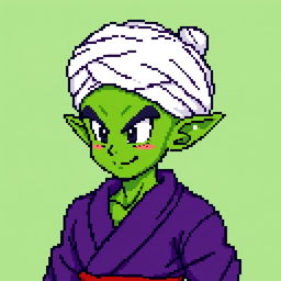 A beautiful 8-bit pixel art rendition of Piccolo from Dragon Ball Z, highlighting his unique features such as his lush green skin and sharp pointed ears