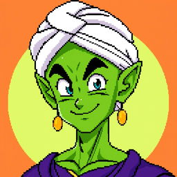 A beautiful 8-bit pixel art rendition of Piccolo from Dragon Ball Z, highlighting his unique features such as his lush green skin and sharp pointed ears