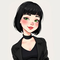 An illustration of a woman with a short bob hairstyle in black, showcasing fair white skin, green eyes with long eyelashes, a slightly upturned nose, and rosy lips