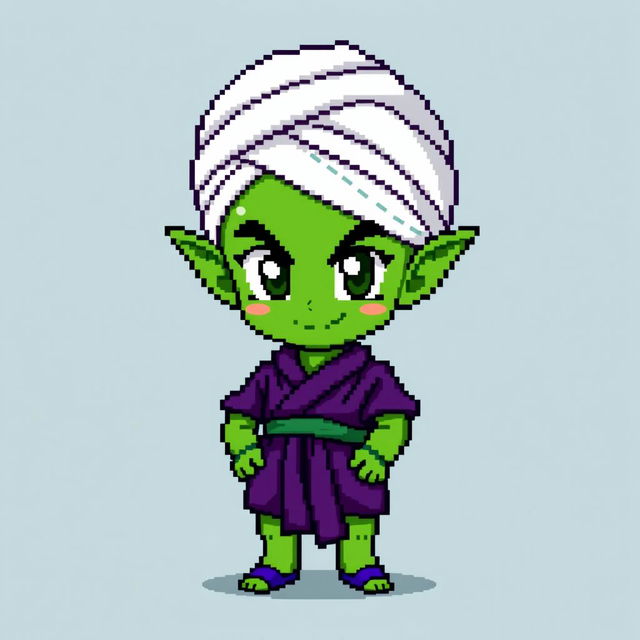 A beautiful 8-bit pixel art rendition of Piccolo from Dragon Ball Z, highlighting his unique features such as his lush green skin and sharp pointed ears