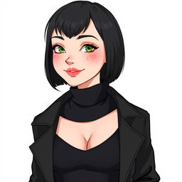 An illustration of a woman with a short bob hairstyle in black, showcasing fair white skin, green eyes with long eyelashes, a slightly upturned nose, and rosy lips