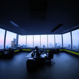 In broad daylight, the penthouse office of the SWAT Control Room, featuring panoramic glass walls which provide an extensive view of the bustling city.