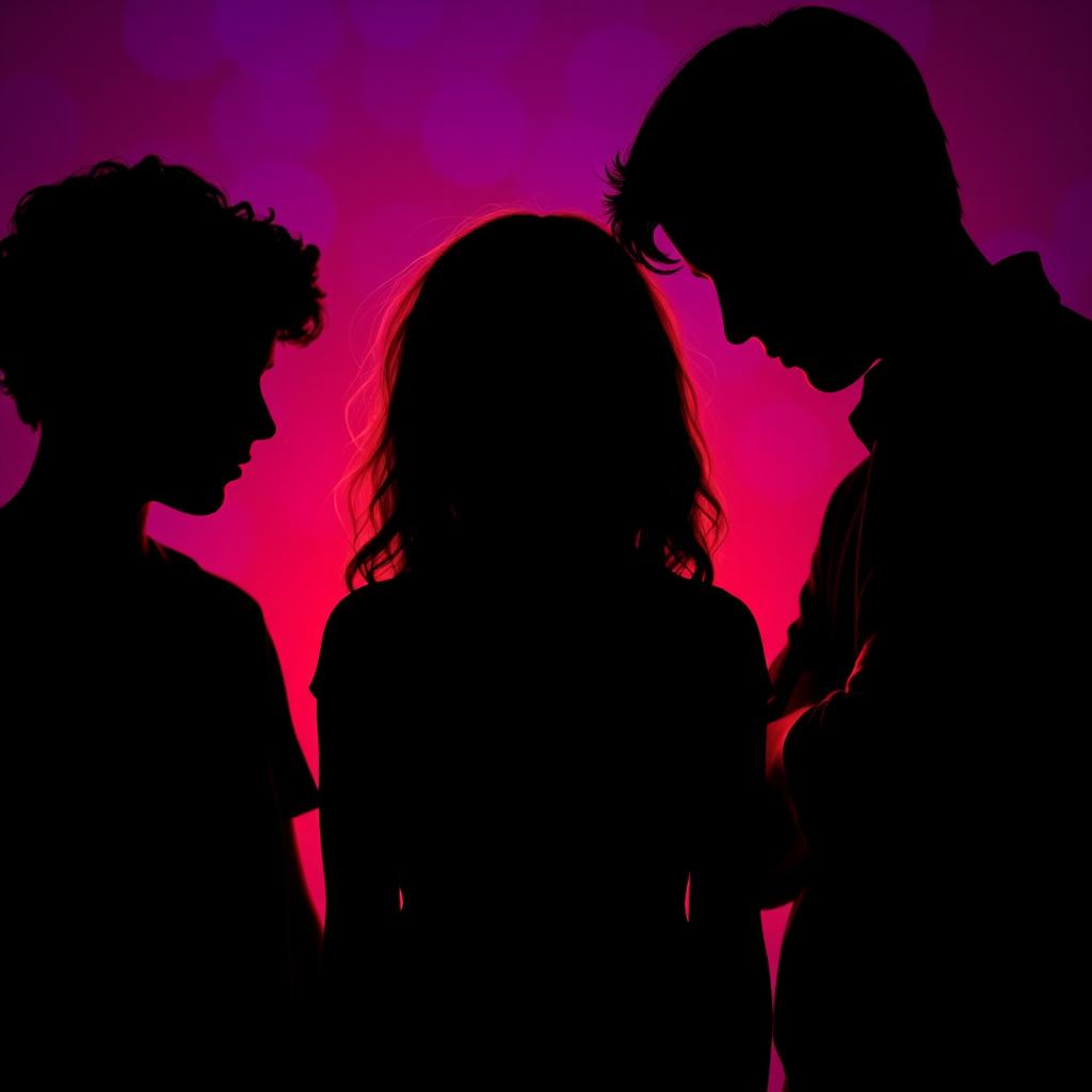 The silhouette of a girl in the center with her head bowed, featuring long brown curly hair, positioned between two boys who are gazing intently at her