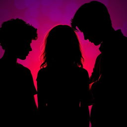 The silhouette of a girl in the center with her head bowed, featuring long brown curly hair, positioned between two boys who are gazing intently at her