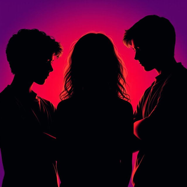 The silhouette of a girl in the center with her head bowed, featuring long brown curly hair, positioned between two boys who are gazing intently at her