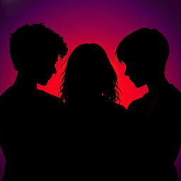 The silhouette of a girl in the center with her head bowed, featuring long brown curly hair, positioned between two boys who are gazing intently at her