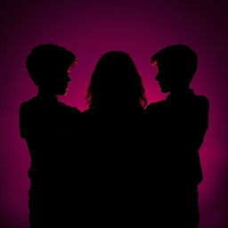 The silhouette of a girl in the center with her head bowed, featuring long brown curly hair, positioned between two boys who are gazing intently at her