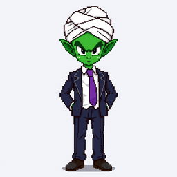 An imaginative 8-bit pixel art rendition of Piccolo from Dragon Ball Z dressed in a sharp suit, incorporating his iconic green skin and pointed ears