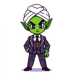 An imaginative 8-bit pixel art rendition of Piccolo from Dragon Ball Z dressed in a sharp suit, incorporating his iconic green skin and pointed ears