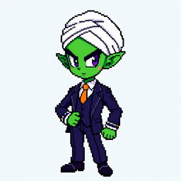 An imaginative 8-bit pixel art rendition of Piccolo from Dragon Ball Z dressed in a sharp suit, incorporating his iconic green skin and pointed ears