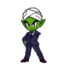 An imaginative 8-bit pixel art rendition of Piccolo from Dragon Ball Z dressed in a sharp suit, incorporating his iconic green skin and pointed ears