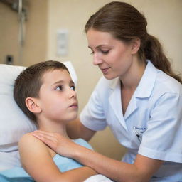 A compassionate young nurse tenderly caring for a sickly boy, their eyes meeting in a moment of shared affection.