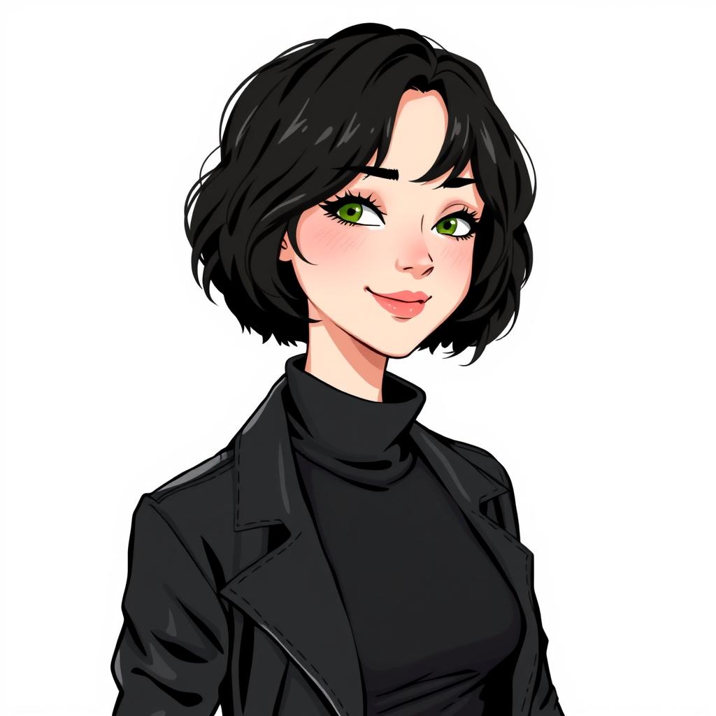 An illustration of a woman with short wavy bob hairstyle in black, characterized by fair white skin, green eyes with long eyelashes, a slightly upturned nose, and rosy lips