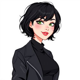 An illustration of a woman with short wavy bob hairstyle in black, characterized by fair white skin, green eyes with long eyelashes, a slightly upturned nose, and rosy lips