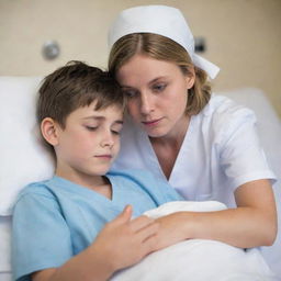 A compassionate young nurse tenderly caring for a sickly boy, their eyes meeting in a moment of shared affection.