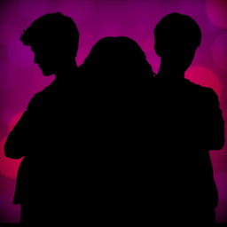 The silhouette of a girl in the center with her head bowed, featuring long brown curly hair, positioned between two boys who are both staring intently