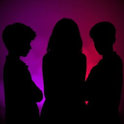 The silhouette of a girl in the center with her head bowed, featuring long brown curly hair, positioned between two boys who are both staring intently