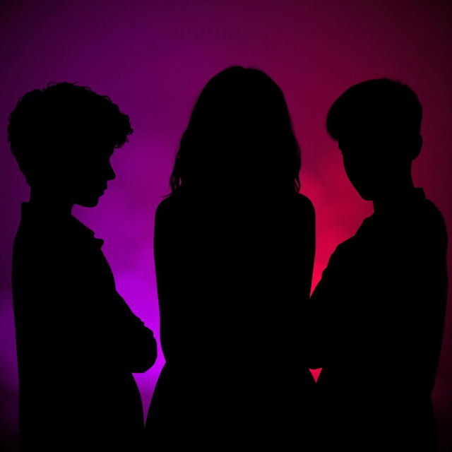 The silhouette of a girl in the center with her head bowed, featuring long brown curly hair, positioned between two boys who are both staring intently