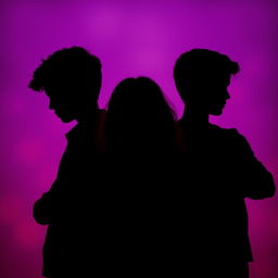 The silhouette of a girl in the center with her head bowed, featuring long brown curly hair, positioned between two boys who are both staring intently