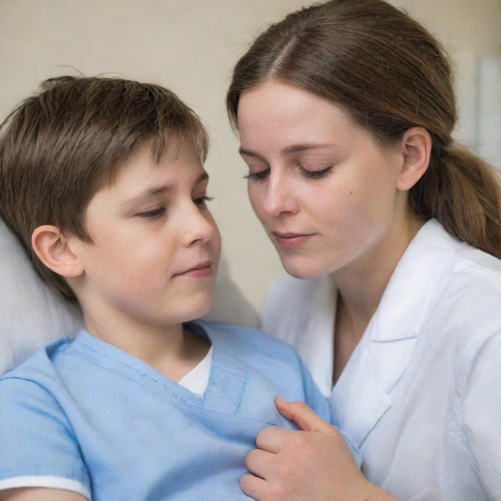 A compassionate young nurse tenderly caring for a sickly boy, their eyes meeting in a moment of shared affection.