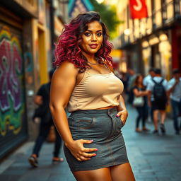 A curvy woman wearing a stylish mini skirt, confidently posing in an urban setting