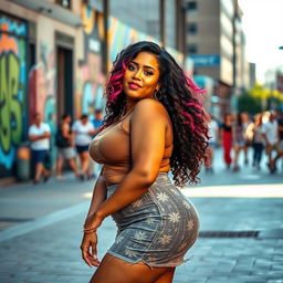 A curvy woman wearing a stylish mini skirt, confidently posing in an urban setting