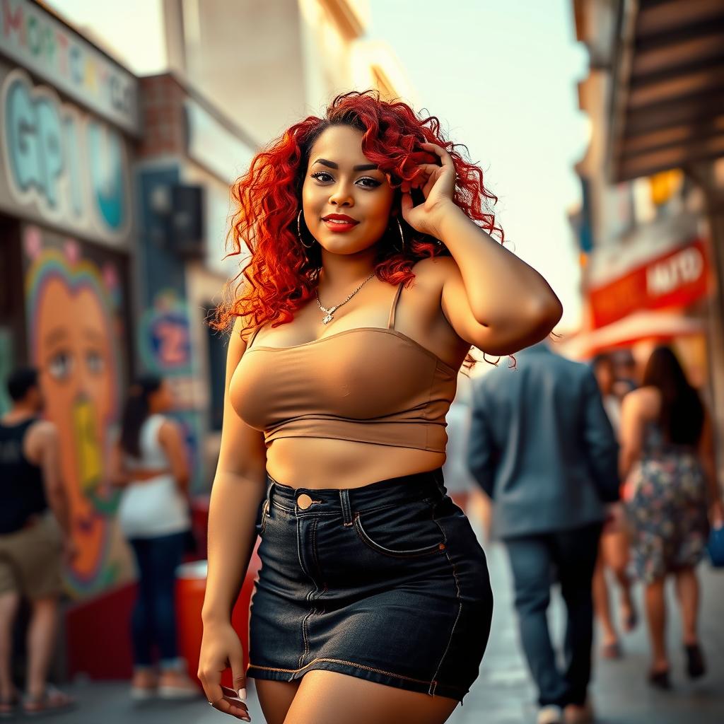 A curvy woman wearing a stylish mini skirt, confidently posing in an urban setting