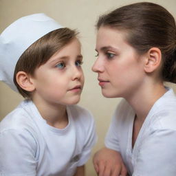 A compassionate young nurse tenderly caring for a sickly boy, their eyes meeting in a moment of shared affection.