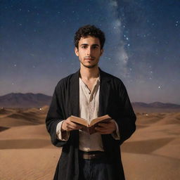 Santiago, the persevering protagonist from the book The Alchemist, standing in a desert under a starry sky, holding a book and an emblematic pair of Urim and Thummim.