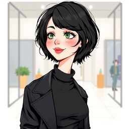 An illustration of a woman with short wavy bob hairstyle in black, characterized by fair white skin, striking green eyes with long eyelashes, a slightly upturned nose, and rosy lips