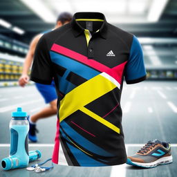 A stylish and modern sports polo shirt with a collar, designed with vibrant colors and dynamic patterns, ideal for athletic activities