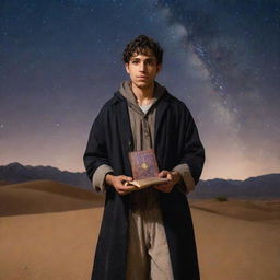 Santiago, the persevering protagonist from the book The Alchemist, standing in a desert under a starry sky, holding a book and an emblematic pair of Urim and Thummim.