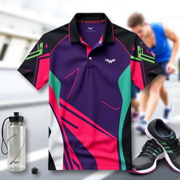 A stylish and modern sports polo shirt with a collar, designed with vibrant colors and dynamic patterns, ideal for athletic activities