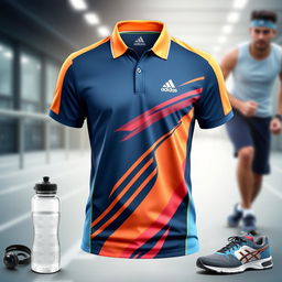 A stylish and modern sports polo shirt with a collar, designed with vibrant colors and dynamic patterns, ideal for athletic activities