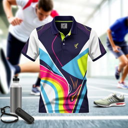 A stylish and modern sports polo shirt with a collar, designed with vibrant colors and dynamic patterns, ideal for athletic activities