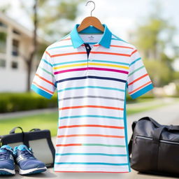 A sleek and sporty striped polo shirt, featuring a classic collar and a minimalist design