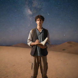 Santiago, the persevering protagonist from the book The Alchemist, standing in a desert under a starry sky, holding a book and an emblematic pair of Urim and Thummim.