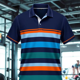 A thick, sporty polo shirt with a collar, designed with bold horizontal stripes