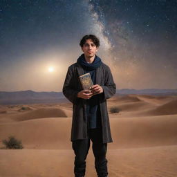 Santiago, the persevering protagonist from the book The Alchemist, standing in a desert under a starry sky, holding a book and an emblematic pair of Urim and Thummim.