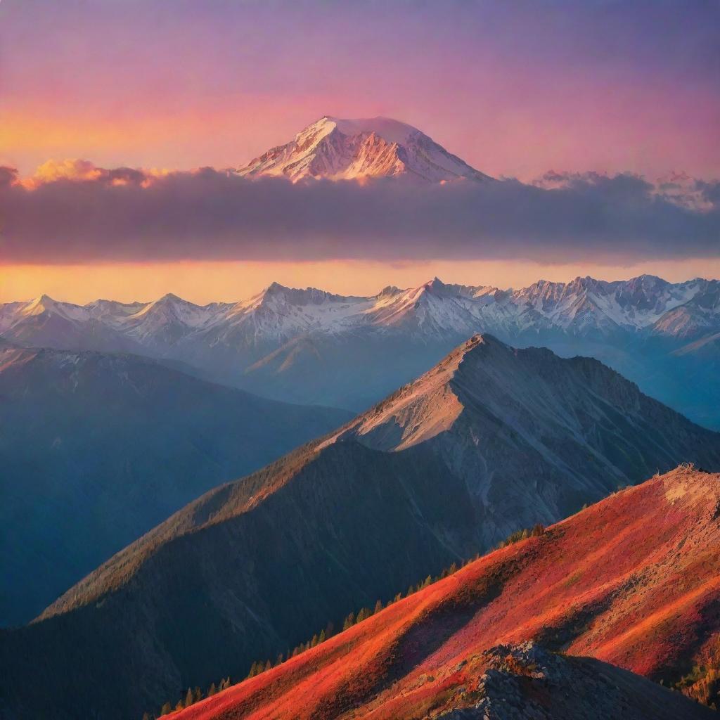 A breathtaking mountain landscape at sunset with popping colors and a lone eagle soaring high in the sky.