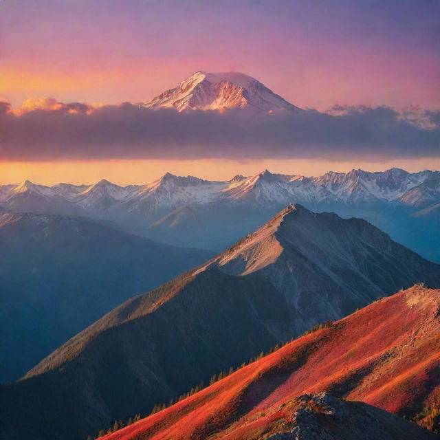 A breathtaking mountain landscape at sunset with popping colors and a lone eagle soaring high in the sky.