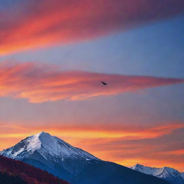 A breathtaking mountain landscape at sunset with popping colors and a lone eagle soaring high in the sky.